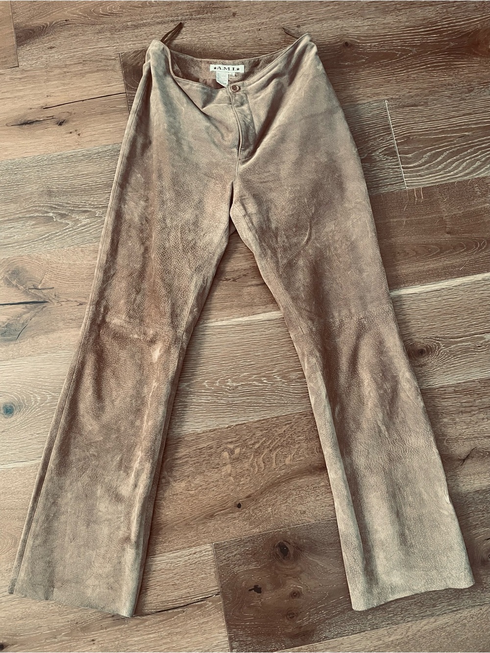 Ami 100% Leather Suede High-Rise Flare Pants — Fawn Sz 6